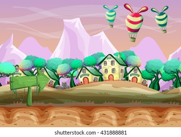 Seamless cartoon vector landscape with separated layers for game and animation, game design asset