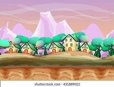 Seamless cartoon vector landscape with separated layers for game and animation, game design asset