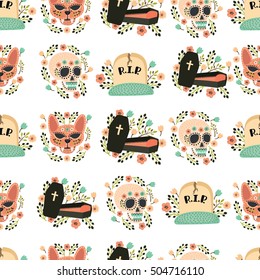Seamless cartoon vector pattern of Day of the Dead, a traditional holiday in Mexico. Skulls, flowers, gravestone,