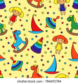 Seamless cartoon vector pattern with toys of Horse, Sailboat, Whirligig and Dolls in bright colors on the yellow background as a fabric or others textures for children