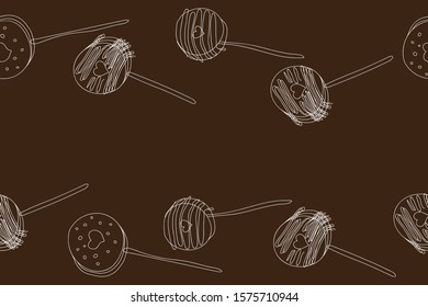 Seamless cartoon vector pattern for Valentine's Day with cute and yummy collection chocolate covered oreo pops white vector illustration on a brown background. Pastry sweets vector bakery products