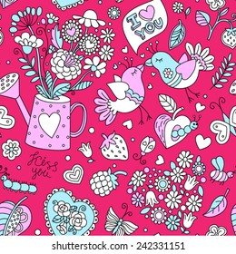 Seamless cartoon vector pattern for Valentine's Day. Hearts, birds, flowers, berries and other romantic elements on a pink background. 