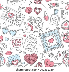 Seamless cartoon vector pattern for Valentine's Day. Hearts,  "Love" lettering, cupids, flowers,   perfumes and other romantic elements on a white background. 
