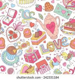 Seamless cartoon vector pattern for Valentine's Day. Hearts, "Love" lettering, cakes, birds, cards and other romantic elements on a white background. 