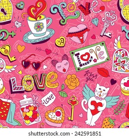 Seamless Cartoon Vector Pattern For Valentine's Day. Hearts, 