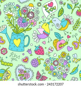 Seamless cartoon vector pattern for Valentine's Day. Hearts, birds, flowers, berries and other romantic elements on a green background.