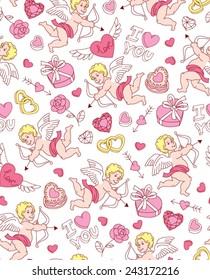 Seamless cartoon vector pattern for Valentine's Day. Hearts, "I Love You" lettering, rings, cupids, roses and other romantic elements on a white background.