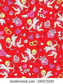 Seamless cartoon vector pattern for Valentine's Day. Hearts, "I Love You" lettering, rings, cupids, roses and other romantic elements on a red background.