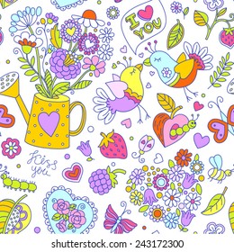Seamless cartoon vector pattern for Valentine's Day. Hearts, birds, flowers, berries and other romantic elements on a white background.