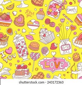 Seamless cartoon vector pattern for Valentine's day. Sweets, cupids, cakes, "love" lettering and other nice elements. 