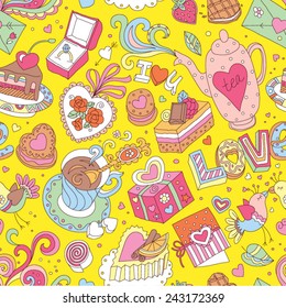 Seamless cartoon vector pattern for Valentine's Day. Hearts, "Love" lettering, cakes, birds, cards and other romantic elements on a yellow background.