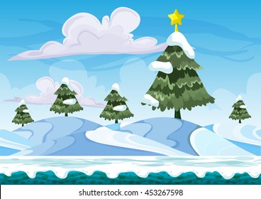 Seamless cartoon vector snow landscape with separated layers for game and animation, game design asset