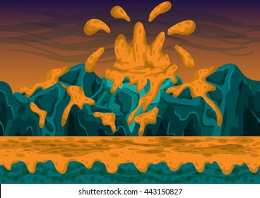Seamless cartoon vector volcano background with separated layers for game and animation, game design asset