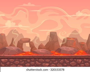 Seamless cartoon volcano desert landscape, separated layers for game design