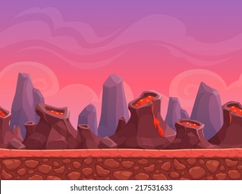 Seamless cartoon volcano landscape, vector endless background with ground, volcanoes, rocks, clouds and sky layers