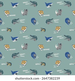 Padrão de animais selvagens de desenhos animados sem costura com tigre, tubarão, crocodilo, cobra, gorila, rinoceronte