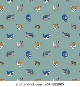 Seamless Cartoon Wild Animal Pattern with Tiger, Shark, Crocodile, Snake, Gorilla, Rhino on Blue Background