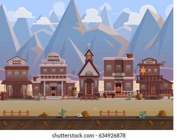 Seamless Cartoon Wild West Town, Western Landscape, Vector Unending Background With Separated Layers For Game.