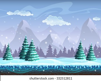 Seamless cartoon winter landscape background endless ice, snow hills, mountains, clouds, sky