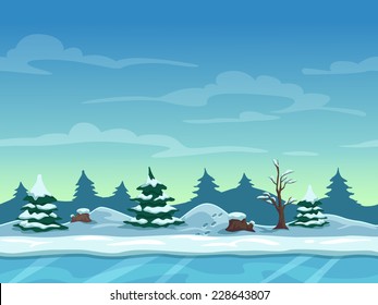 Seamless cartoon winter landscape, unending background with ice, snow hills and cloudy sky layers