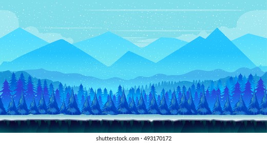 Seamless cartoon winter landscape, unending background with ice, snow hills and cloudy sky layers