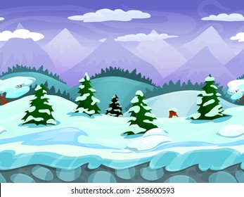 Seamless cartoon winter landscape, vector unending background with ice, snow hills, mountains, clouds and sky layers.