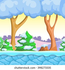 Seamless cartoon winter landscape, vector with  snow trees, mountains, ice and sky layers.