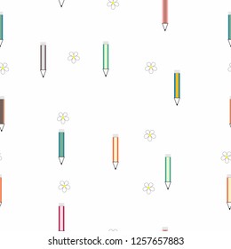 Seamless cartoon wood pencil pattern on white background for paper print, background product or ornament business, fabric texture.  Vector design.