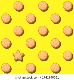 Seamless cartoon yellow pattern with cookies. Vector abstract striped background. Flat design. Top view. Gift wrap, print, cloth, cute backdrop for a card.
