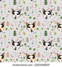Seamless cartoonish cats Christmas season pattern. Winter wrapping paper, Square format design. Fur trees, Holly plant, red berries, snow, cats, cat heads, green leaves, cat doodles illustrations.