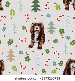 Seamless cartoonish Cocker spaniel dogs Christmas season pattern. Winter wrapping paper, Square format design. Fur trees, Holly plant, red berries, snow, dogs, green leaves, dog doodles illustrations.