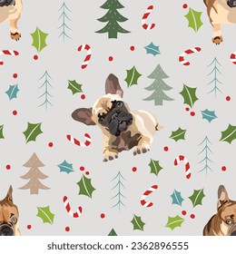 Impresionante caricatura francesa Bulldog patrón de Navidad. Papel envolvente de invierno, diseño de formato cuadrado. Árboles de pieles, planta de Holly, bayas rojas, nieve, perros, hojas verdes, dibujos de doodles para perros.