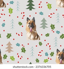 Seamless cartoonish german shepherd dogs Christmas season pattern. Winter wrapping paper, Square format design. Fur trees, Holly plant, red berries, snow, dogs, green leaves, dog doodles illustrations