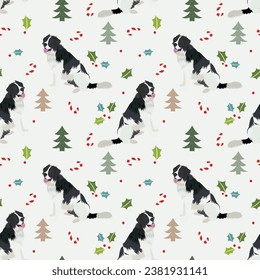 Seamless cartoonish Newfoundland dog Christmas season pattern. Winter wrapping paper, Square format design. Fur trees, Holly plant, red berries, snow, dogs, green leaves. Gift box, continuos pattern.