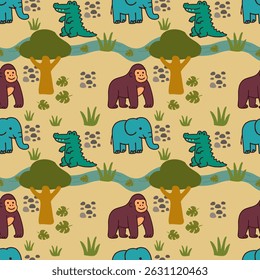 Seamless cartoon-style African background with elephants, crocodiles, and gorillas near a river. Bright and naive pattern perfect for kids, Earth Day, and playful nature designs.