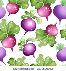 Seamless cartoon-style pattern with red and purple radishes, green leaves, and white background in fresh vegetable design