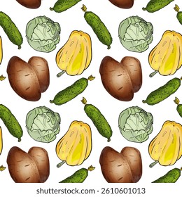 Seamless cartoon-style pattern with red and purple radishes, green leaves, and white background in fresh vegetable design. Cartoon Farm Crop Pattern with Root Veggies