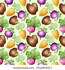 Seamless cartoon-style pattern with red and purple radishes, green leaves, and white background in fresh vegetable design. Cartoon Farm Crop Pattern with Root Veggies
