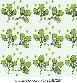 A seamless, cartoon-style watercress pattern featuring fresh, green, hand-drawn leaves and stems. This vector illustration is ideal for healthy food concepts, botanical backgrounds, or fabric designs.
