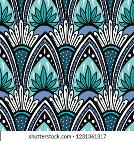 Seamless cascading boho mandala leaves and flowers in retro seventies black, aqua, turquoise, light purple and blue