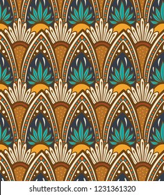 Seamless cascading boho mandala leaves and flowers in retro seventies brown, tan, mustard, navy and aqua.