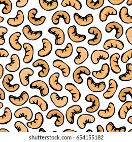 Seamless with Cashew Nuts. Food Pattern. Isolated On a White Background Doodle Cartoon Hand Drawn Sketch Vector Illustration.