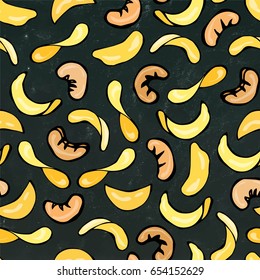 Seamless with Cashew Nuts And Potato Chips. Food Pattern. Isolated on a Black Chalkboard Background. Doodle Cartoon Hand Drawn Sketch Vector Illustration.