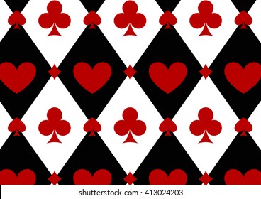 Seamless casino gambling  background with red, black, white cards symbols