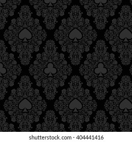Seamless casino gambling poker background or dark  damask pattern and cards symbols.  Seamless vector pattern is in the swatches palette.