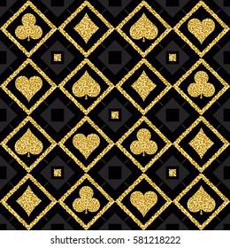 Seamless casino gambling poker background with golden symbols, vector illustration. Ideal for printing onto fabric and paper or scrap booking