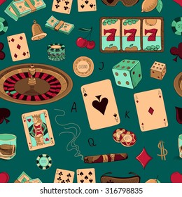 Seamless casino hand drawn pattern with a hand of aces playing cards, dice, roulette board, casino chips or tokens and lucky number 777