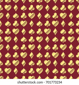 Seamless casino pattern. Heart, clover, spade, diamond. Gold and red.