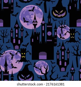 Seamless castles and pumpkins. vector pattern with moons. Halloween seamless vector pattern.