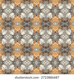 Padrão kaleidoscope chef gato sem costura com simetria divertida e cores suaves. Ilustração animal divertida para temas de alimentos, fundos, têxteis e designs criativos.